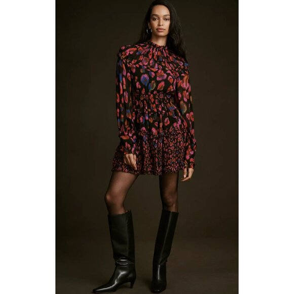 Anthropologie Farm Rio Iridescent Leopard Hot Pink Ruffle Mini Dress NWT XXS - Picture 2 of 7